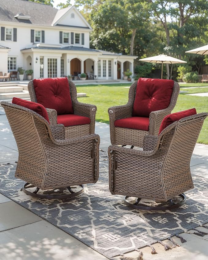 ACTREST Patio Chairs Outdoor Swivel Glider - Set of 4 High Back Outside Brown Wicker Rattan Rocking Chair with Thick Cushion for Porch Apartment Deck Yard Poolside Garden - Red