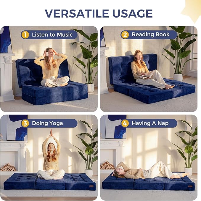 MAXYOYO Tri-Fold Mattress, 6 Inch Tufted Folding Futon Foam Bed, Foldable Floor Mattress Guest Bed Futon Topper Portable Camping Sleeping with Corded Fabric, Navy, 59"x79"
