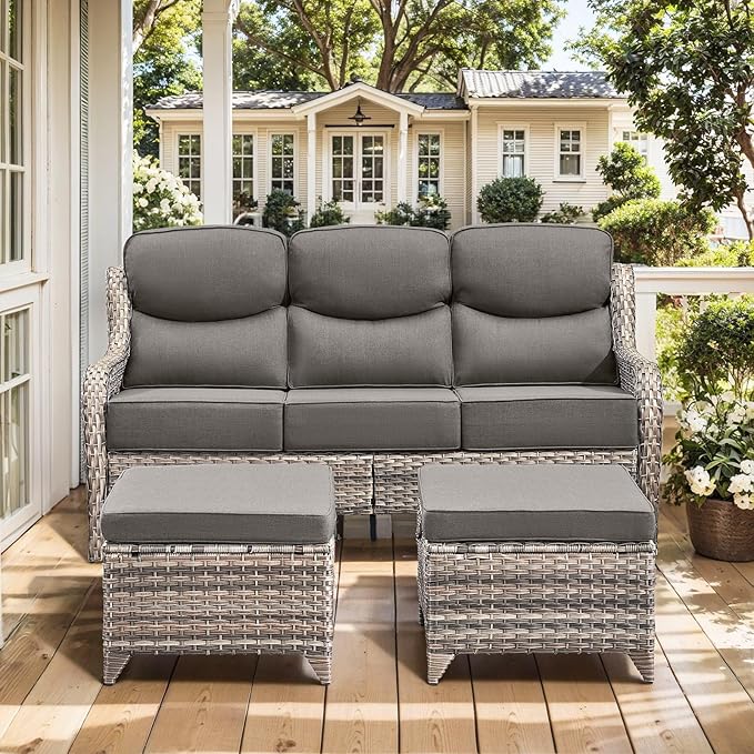 HUMMUH 10 Pieces Outdoor Furniture Set with Fire Pit 6-inch Cushions High Back Patio Furniture Set Wicker Swivel Rocker Chairs Sofa for Porch,Deck,Backyard