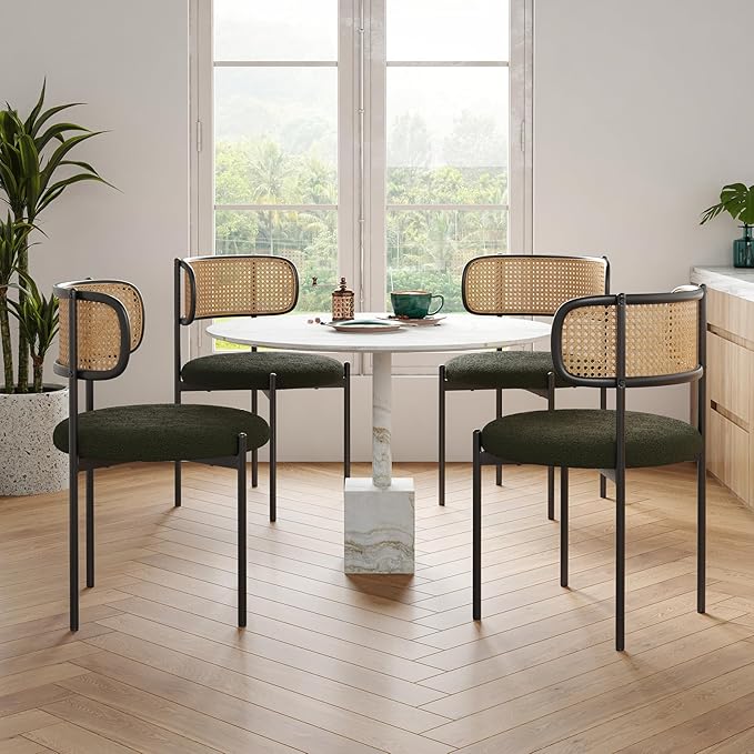 Farini Modern Upholstered Dining Chairs Set of 2,Rattan Back Dining Room Chairs,Accent Kitchen Chairs with Metal Legs,Green