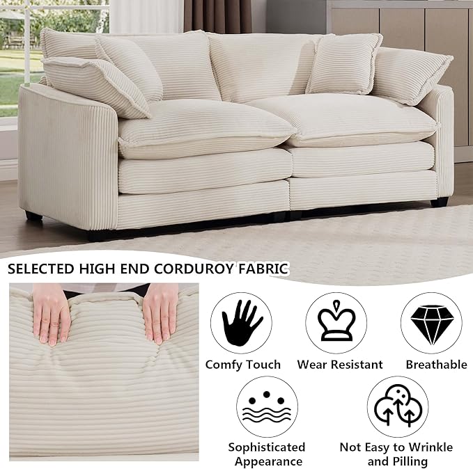 Aoowow Corduroy Loveseat Couch,Modern 2 Seater Cloud Couches for Living Room,Modular Sectional Cloud Sofas with Deep Seat,Large Love Seat for Small Spaces,Apartment,Office. (Beige, 2 Seater)
