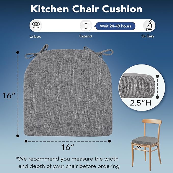 Chair Cushions for Dining Chairs, Non Slip Chair Pads with Ties and Washable Covers, Memory Foam Kitchen Chair Cushions Set of 4, 16"X16"X2.5", Dark Gray