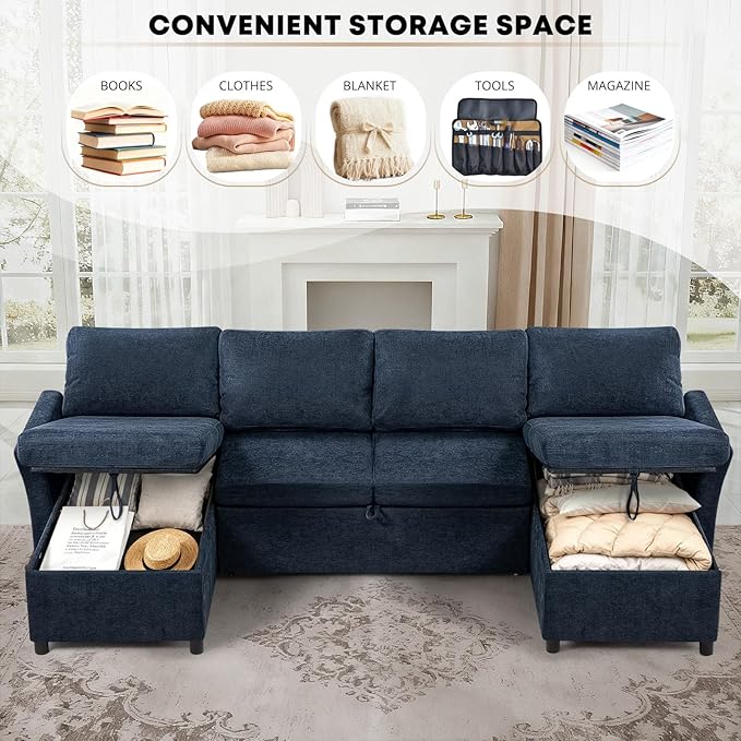 ACMEASE 107 Inches Fabric Sectional Sofa with Pull Out Sofa Bed, Modern U Shaped Sofa with Throw Pillows, Comfortable Sleeper Couch with Storage Chaise for Living Room, Blue