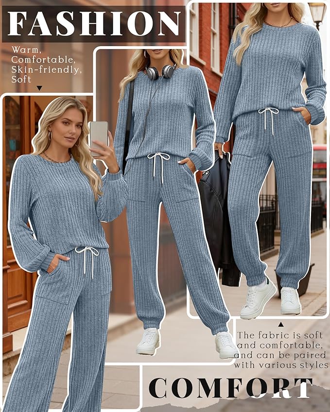 Sweetyweee Women's Ribbed Knit Lounge Sets 2 Piece Outfits Long Sleeve Pajamas Set Loungewear Sweatsuits Fall Pjs with Pocket