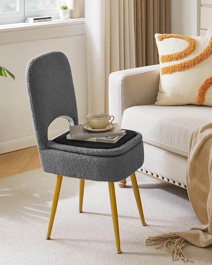 IBUYKE Small Storage Vanity Stool with Folding Backrest, 12.99" x 13.78" x 31.5" Square Teddy Velvet Ottoman, Makeup Chair for Living Room, 4 Metal Legs with Anti-Slip Feet, Gray WBD027G