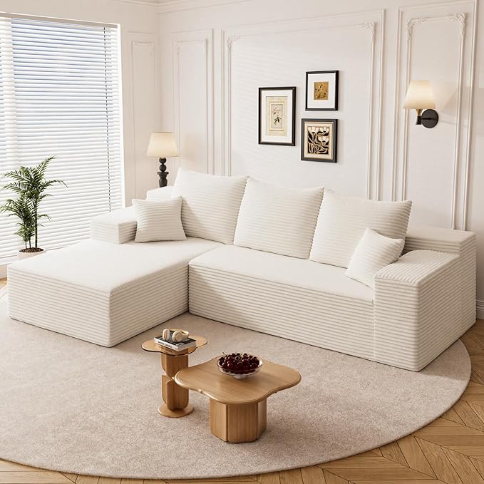 108" Boneless Cloud Sectional Couches for Living Room, Comfy Fluffy L Shaped Memory Foam Deep Seat Boneless Couch, Modular Sectional Sofa with Left Facing Chaise, White