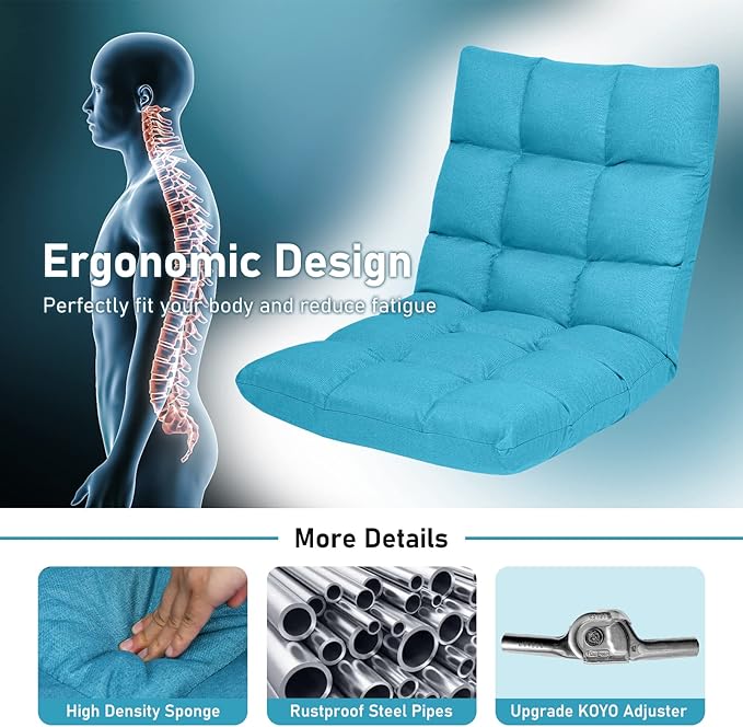 COSTWAY Peacock Blue Folding Gaming Chair, Adjustable 14-Position Floor Sofa with Back Support, Alloy Steel Frame, Lazy Sofa Lounge for Playing, Reading, Meditating, Recliner for Adults, Kids