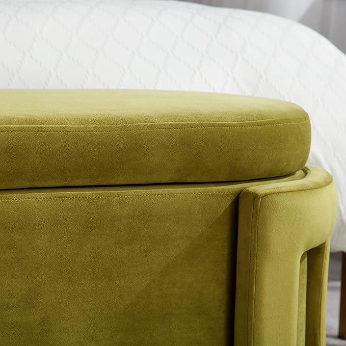 DM Furniture Modern Velvet Ottoman with Storage Entryway Bench for Living Room Comfy Upholstered End of Bed Bench with Safty Hinge for Bedroom/Living Room/Lounge/Corner, Olive