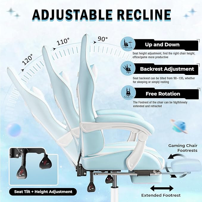 Homall Gaming Chair, Video Game Chair with Footrest and Massage Lumbar Support, Ergonomic Computer Chair Height Adjustable with Swivel Seat and Headrest (Light Blue)