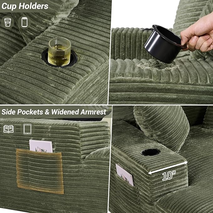 50"W x 68"D Oversized Chaise Lounge Chair Indoor Boneless Reading Chair Plush Corduroy Recliner with Cup Holders Large Deep Seat Comfy Sofa Bed Couch with 3 Pillows for Living Room Bedroom, Green