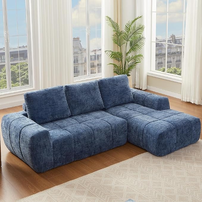 KEIKI Sectional Chenille Floor Sofa, Convertible L-Shaped Boneless Cloud Sleeper Couch with Chaise Lounge, Space Saving Modular Futon Couches Bed for Living Room Bedroom, No Assembly Required, Blue
