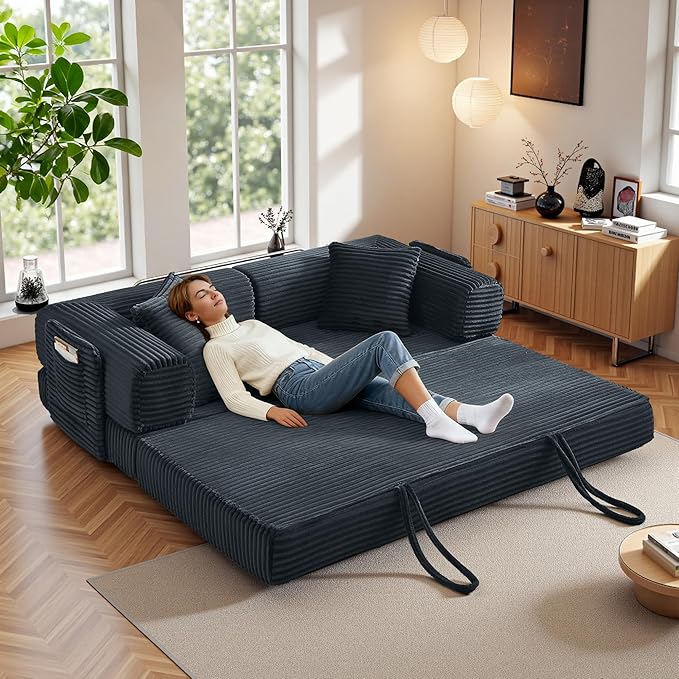 AUGOP Boneless Couch Folding Couches for Living Room Sofa, Futon Sofa Bed with Sleeper Sofa, Futon Couch with Fixed-Shape Oversized Corduroy Upholstered (Dark Gray, 81 Inches)