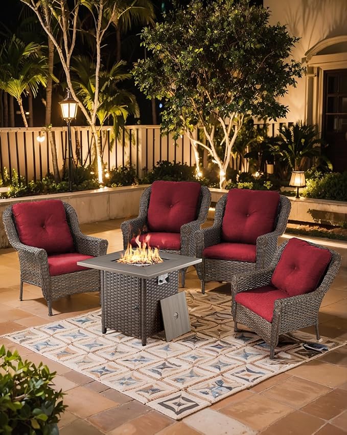 ACTREST Outdoor Patio Chairs with Fire Pit Table 5 Piece Set - High Back Brown Wicker Rattan Lawn Chair with Thick Cushion for Porch Apartment Deck Yard Poolside Garden - Red