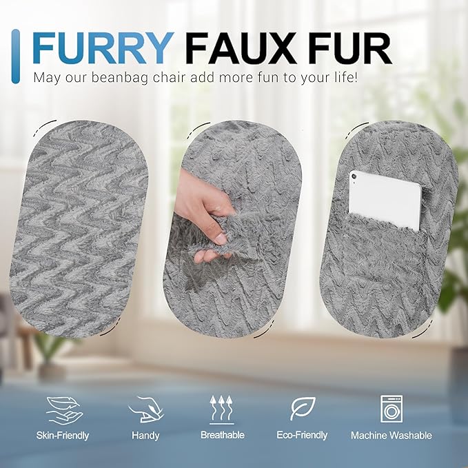 HABUTWAY 6FT Bean Bag Chair,Giant Bean Bag Chairs for Adults,Big Bean Bags with Memory Foam Filled, Large Beanbag Chairs with Chevron Plush Cover-Grey