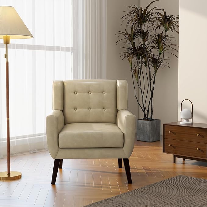 DREAMSIDEA Accent Chair, Mid-Century Modern PU Leather Chairs with Arms for Living Room, Comfy Upholstered Club Single Sofa Armchair for Bedroom Waiting Room with Solid Wood Frame
