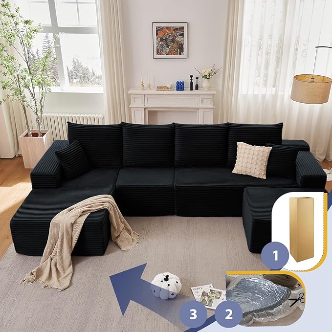 135.4" Cloud Sectional Couch with Ottoman,Modern U-Shaped Cloud Couch with Deep Seat,Comfy Corduroy 4-Seater Sofa,Memory Foam Sofa for Living Room,No Assembly(Black,Left-Facing Chaise)