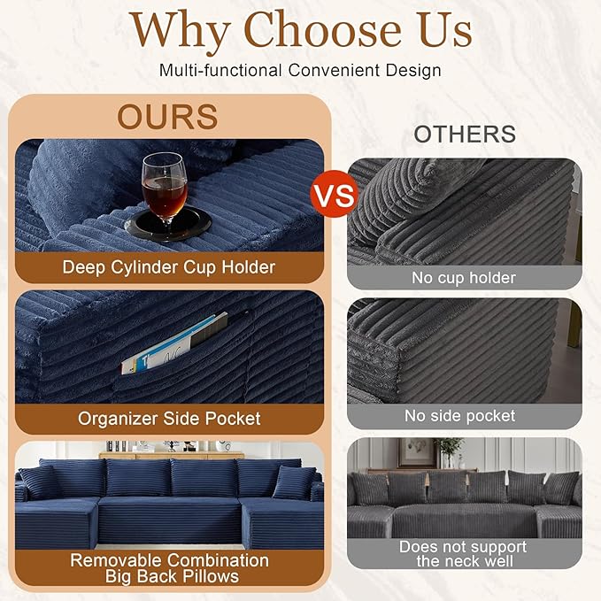 134 Inch Modular Sectional Sleeper Sofa, Boneless Cloud Couch for Living Room, U Shaped 5 Seat Sofa with 2 Storage Pockets& 2 Cup Holders, Free Combination, No Assembly Required (Blue)