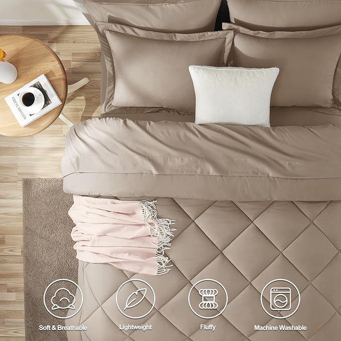 CozyLux King Size Comforter Set Khaki - 7 Pieces Bed in a Bag King, Luxury Soft Bed Set for All Seasons, Bedding Set with Down Alternative Comforter, Sheets, Pillowcases & Shams