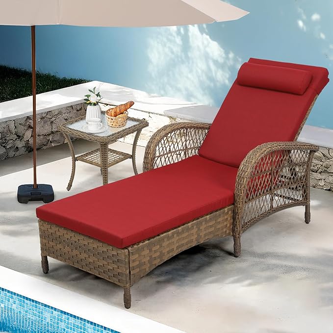 WINGTU Outdoor Chaise Lounge Chair with Side Table, All Weather PE Rattan Patio Lounge Chair with Cushion, 6-Positions Adjustable Pool Sunbathing Recliner for Poolside, Backyard, Armrest & Pillow, Red