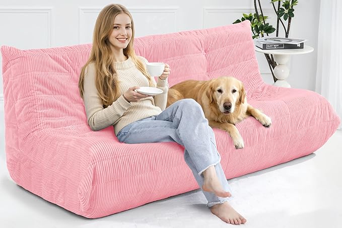 Bean Bag Chair,Giant Beanbag Chairs for Adults,Comfy Large Fireside Chair Lazy Sofa,Corduroy Bean Bag Lounger with Memory Foam Filled,Floor Sofa Couch for Home,Living Room (Pink, 3-Seater)