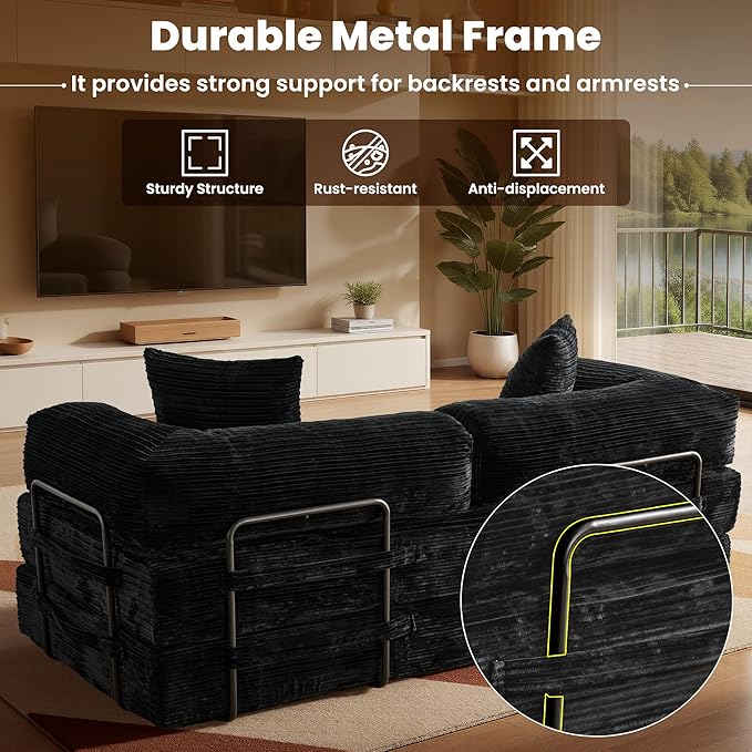 ovios 81" Folding Sofa Bed, Foldable Sleeper Boneless Couch with Pull Out Beds, Modular Convertible Floor Futon Loveseat Lounger for Living Room (Corduroy, Black)