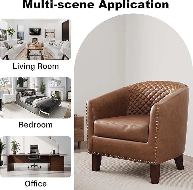 DREAMSIDEA Accent Barrel Chair, Upholstered Faux Leather Club Chair with Nailed Trim, Comfy Reading Armchair for Living Room Bedroom Reception Room Office (Brown, Set of 2)