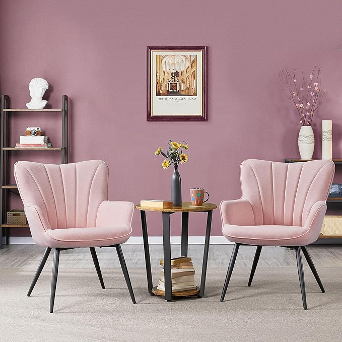 Yaheetech Accent Chair, Modern and Elegant Armchair, Linen Fabric Vanity Chair, Comfy Living Room Chair with Metal Legs and High Back for Living Room Bedroom Office Waiting Room, Set of 2, Pink