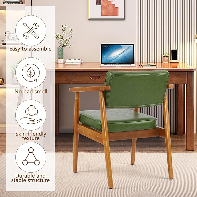 LSSPAID Mid Century Dining Chairs Set of 2, Pu Upholstered Armchair with Comfy Backrest and Wooden Handrail，Modern Kitchen Chairs for Bedroom Living Room Dining Room, Green
