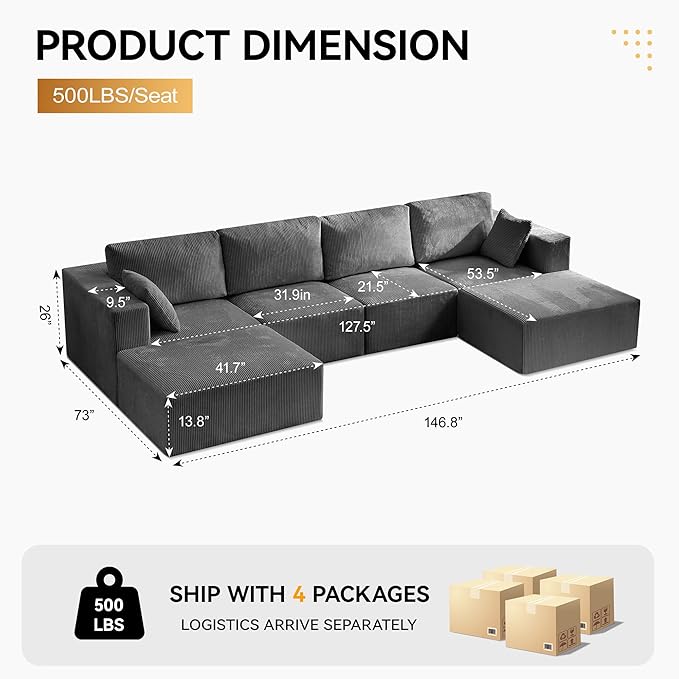 146'' Oversized Boneless Sofa, 4 Seater Modular Sectional Couch with 2 Moveable Ottoman, U Shaped Corduroy Convertible Sleeper Sofa with Chaise for Living Room, Grey