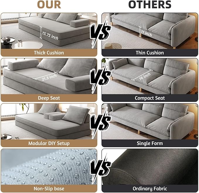 87" Foldable Floor Couch, 3-Seat Convertible Sleeper Sofa with Removable Backrests and 2 Soft Pillows, Chenille Fabric, for Living Room, Bedroom, Apartment, No Assembly Required, Light Grey