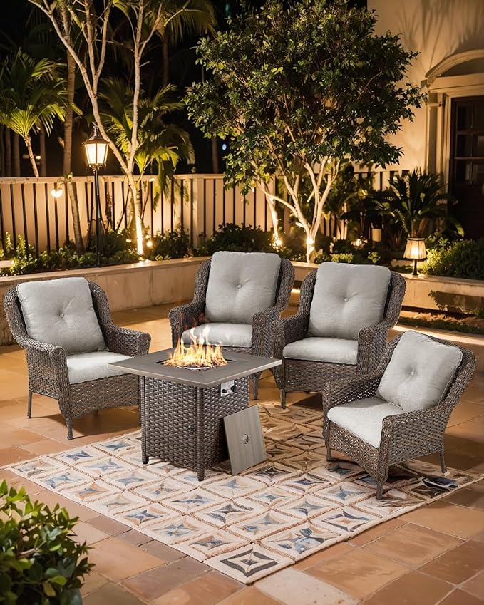 ACTREST Outdoor Patio Chairs with Fire Pit Table 5 Piece Set - High Back Brown Wicker Rattan Lawn Chair with Thick Cushion for Porch Apartment Deck Yard Poolside Garden - Beige