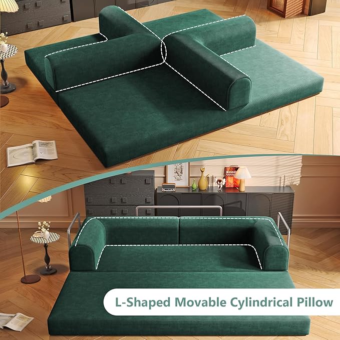 Convertible Sleeper Sofa Bed Boneless Cloud Comfort Green Futon Couch for Lounging & Sleeping, Removable & Washable Corduroy Sofa Cover, Floor Sofa Folding Mattress for Guests, Small Space