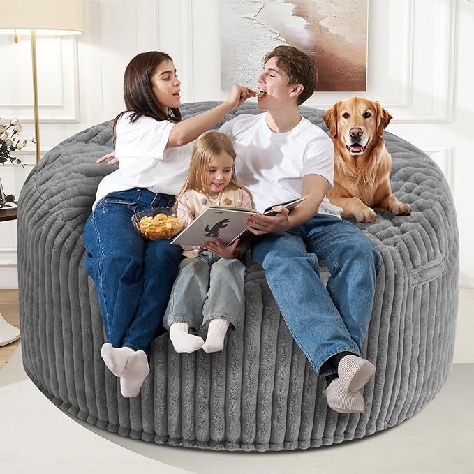 Homguava 6 FT Bean Bag Chair,6' Big Bean Bag,Giant Bean Bag Chairs for Adults with Memory Foam Filled,Comfy Large Beanbag Chairs Soft Bean Bag Sofa with Dutch Corded Plush Cover-Grey