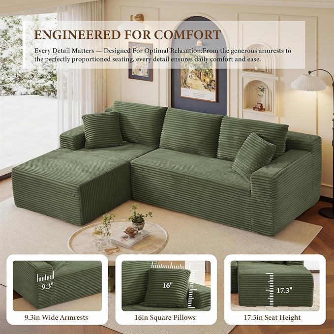 105" Sectional Couches for Living Room Cloud Couch Sofa with L-Shape Upholstered Boneless Couchs Modern Modular Sectional Couch with Chaise (Green, 105" W+Left Facing Chaise+2Seaters)