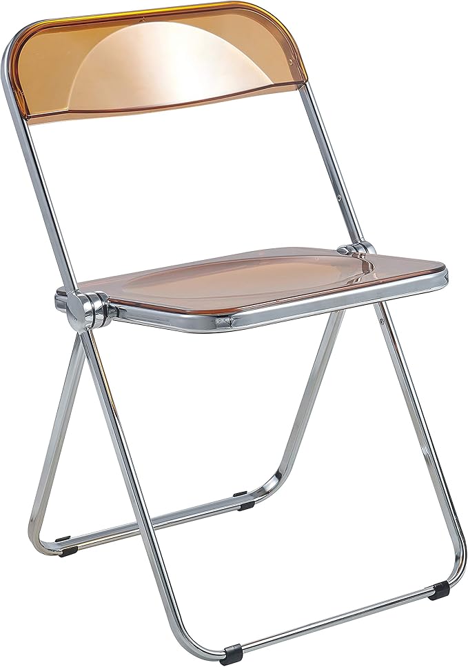 LeisureMod Lawrence Modern Clear Acrylic Folding Chair with Metal Frame, Space-Saving Transparent Seating for Dining Room, Home Office, Bedroom, Vanity or Small Spaces, (Tangerine, Singles)