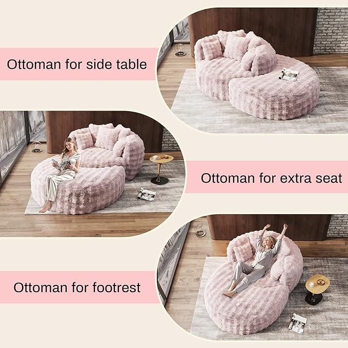 Oversized Chaise Lounge Chair Indoor with Ottoman 55" W x 75" L Round Reading Chair Plush Faux Fur Corduroy Cloud Circle Boneless Chair with 5 Pillows for Living Room - Pink