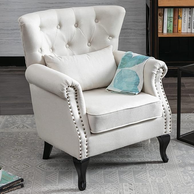 LZAREAL Accent Reading Arm Chairs for Living Room Bedroom, Midcentury Modern Comfy Corner Sofa Chair, Wingback Waiting Room Club Chair with Button Tufted Back &Lumbar Pillow, Linen Beige