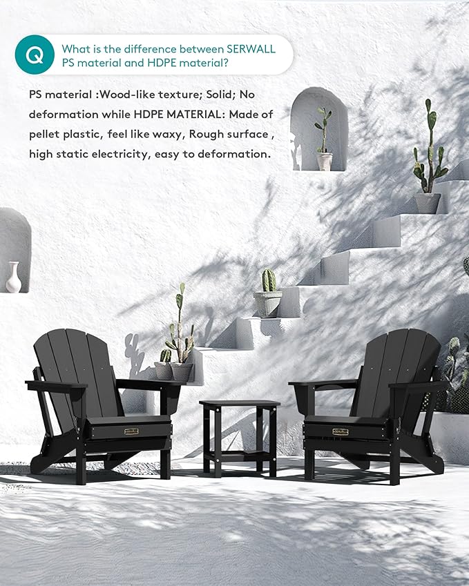 SERWALL Foldable Adirondack Chair Set of 2 for Patio Garden Outdoors Fire Pit-Black