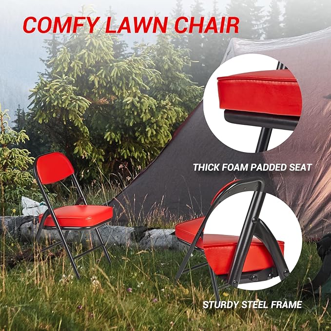 fusehome Mini Padded Folding Chairs, Garage Stool, Portable Camping Chair with Cushion, Lightweight Lawn Chair, for Outdoor Sports Events, Patio, Fishing, Hiking, Hunting, Picnic, Beach, Red