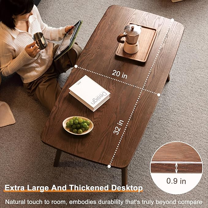 QKFF Modern Solid Wood Coffee Table, 2-Tier Small Wooden Coffee Table with Storage Shelf for Living Room, Apartment, Office, Walnut (32''D x 20''W x 18''H)
