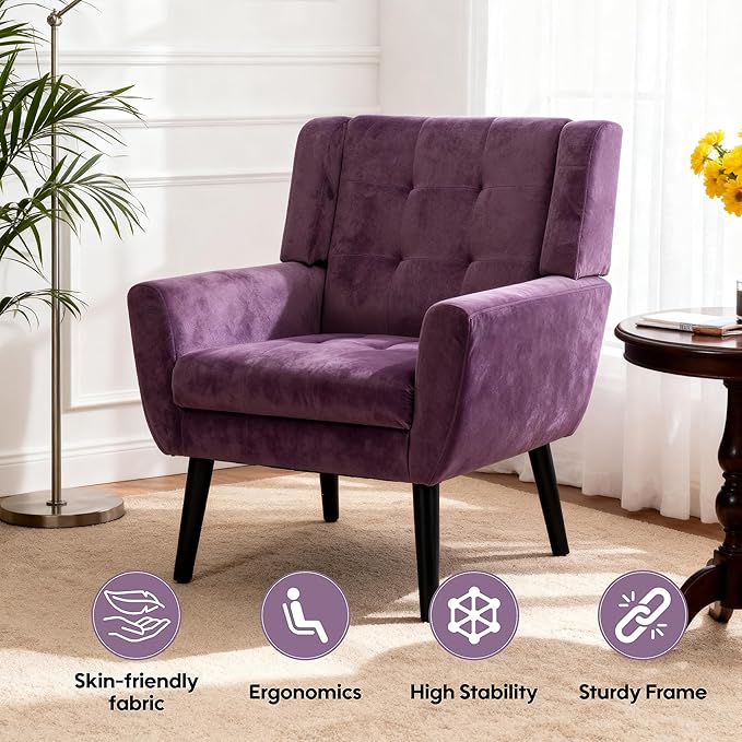 OO BY ORANGE ONLINE Set of 2 Velvet Accent Chair, Mid-Century Modern Tufted Armchair for Living Room, Bedroom & Office (Purple)