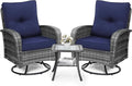 wildformers Luxury Outdoor Swivel Wicker Glider Patio Chairs with Table Set, Overstuffed Washable Cushions, Ideal for Porch, Balcony, Deck, Grey Rattan and Blue Cushion