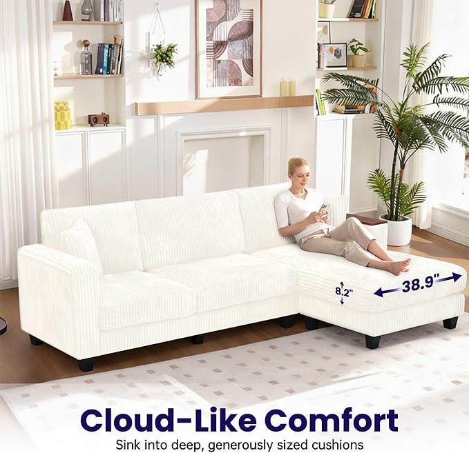 FurniMix 4-Seat Corduroy Sectional Sofa with Swappable Chaise, Soft Upholstery, Wide Seats & Armrest Storage,White