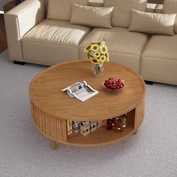 Round Coffee Table - Bamboo Woven Tabletop & Anti-Skid Solid Wood Legs 30.5" Rustic Center Tables with with Ample Storage Space for Living Room Apartment (Round 30.5in)