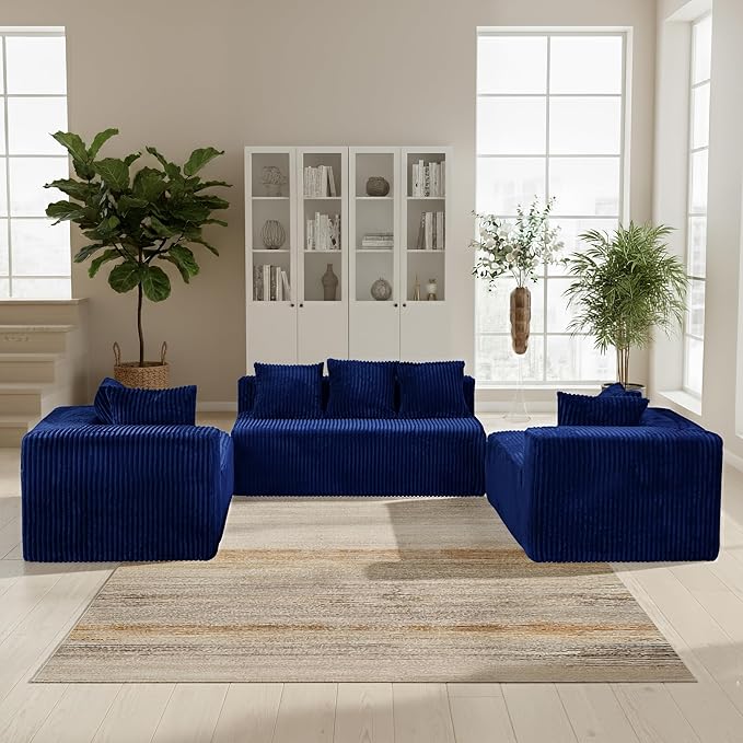 130" Boneless Couch, Cloud Couch Sectional, Corduroy Sofa for Living Room, U Shaped Modular Sofa with Chaise, No Assembly, 4 Seats Oversized (Blue)