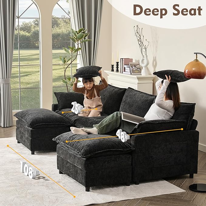 GOSUHI 108" U Shaped Couch, Modular Sectional Sofa, 3-Seater Comfy Cloud Couch with Movable Ottoman, Deep Seat Couches for Living Room, Chenille, Black