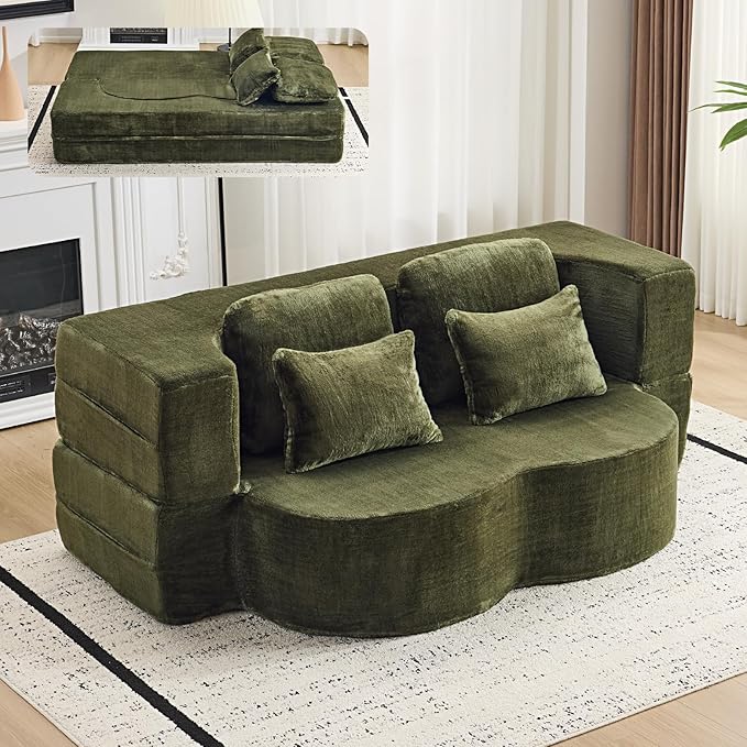 Orynveela Convertible Folding Sofa Bed, 78” Full Size Floor Sleeper Couch, Chenille Full Foam Futon Loveseat for Living Room Bedroom, No Assembly Required (Green)