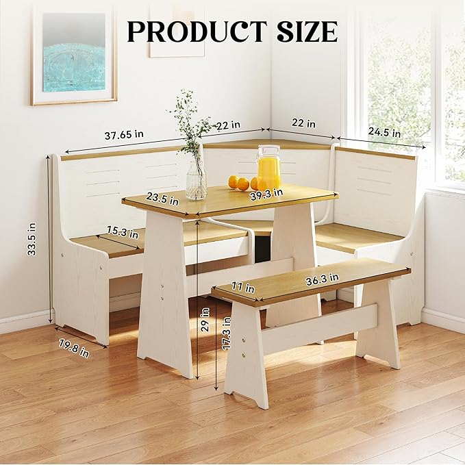 Breakfast Nook Corner Dining Table Kitchen Bench Chair Set, Space-Saving 3-5 People Seat Reversible L-Shape for Family Home White Wood