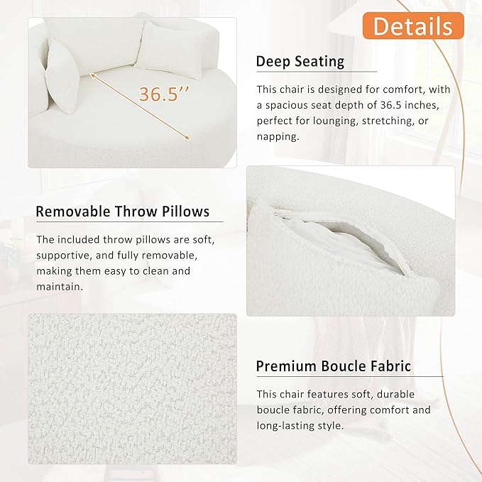 Merax 360° Swivel Chair, Chenille Fabric Accent Barrel Chair, Swivel Round Sofa Chair with 3 Removable Pillows for Living Room, Bedroom, Office and Hotel, Beige