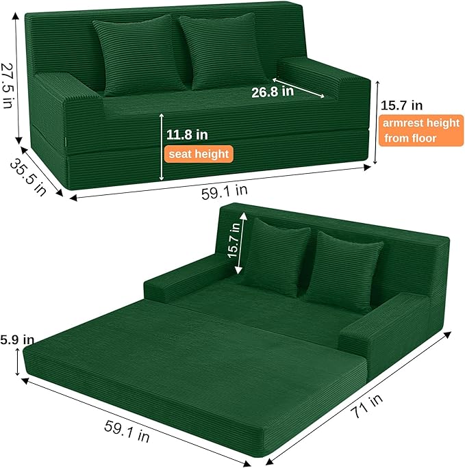 MeMoreCool Boneless Folding Sofa Bed, Corduroy Convertible Sleeper Chair, Foldable Foam Mattress Chair, Comfy Fold‑Out Futon Couch Bed, Large Floor Sofa Couch for Living‑Room Guest